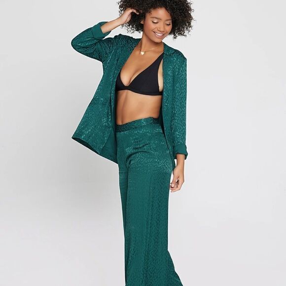 L*Space Green Bennytt Viscose Blazer Ultramarine Emerald Green Leopard Print 6 - Picture 3 of 13